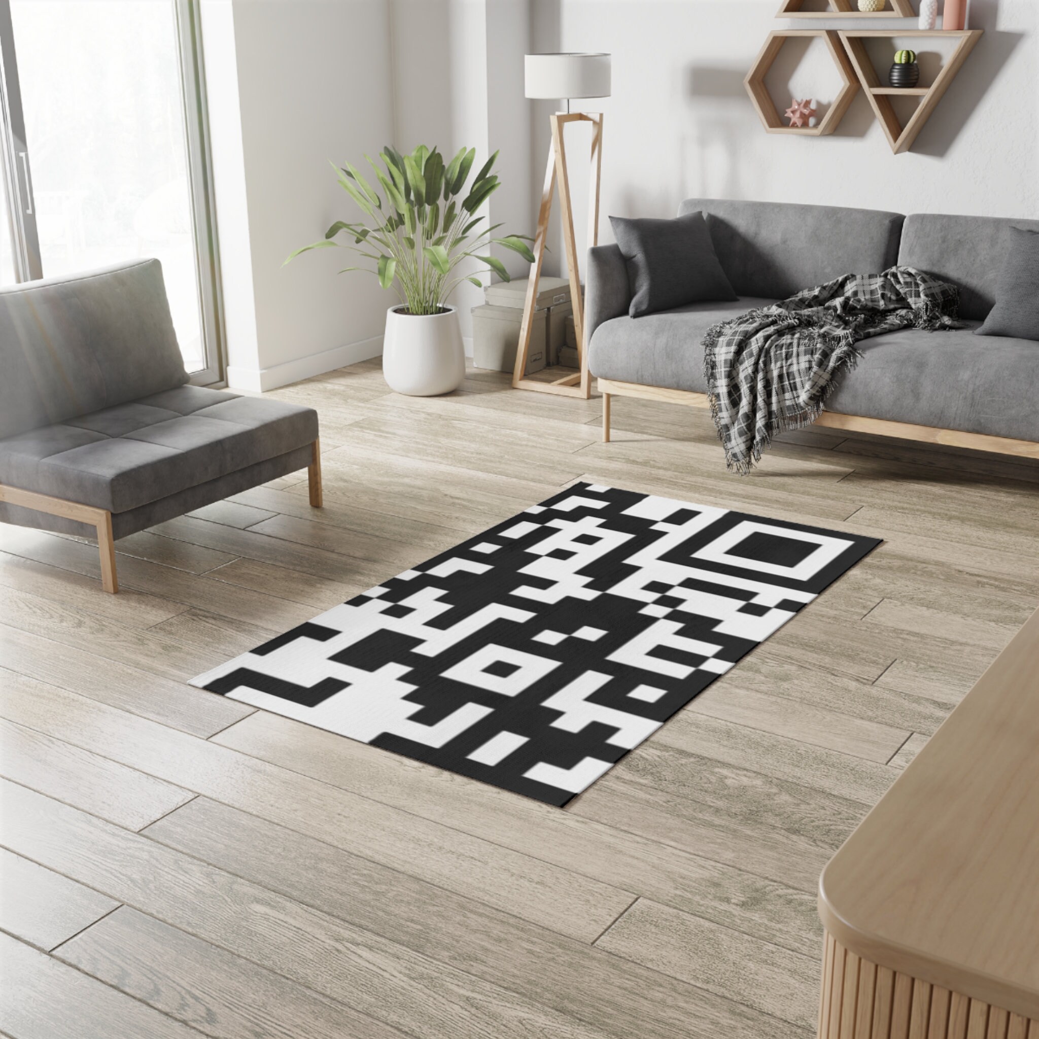 Html Coded Rug QR Code Print Foyer Rug, Edgy Black and White Living Room Rug Small ...