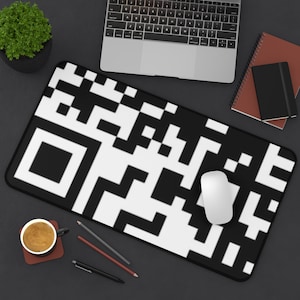 QR Code Desk Mat, Black and White Computer Mat, PC Gamer Gift, Tech Laptop Mat Gaming Accessory, Geometric Desk Protector Mouse Pad, Desktop