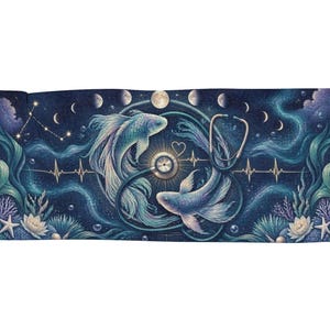 Puede incluir: Un tapiz rectangular tejido que presenta dos peces koi azules nadando en círculo alrededor de un estetoscopio y una línea de latido. El fondo muestra una escena submarina azul oscuro con fases lunares, medusas, corales y flores blancas.
