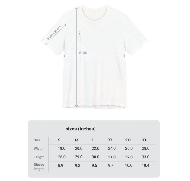 May include: Size chart for a t-shirt in sizes S through 3XL. The chart shows the width, length, and sleeve length in inches.