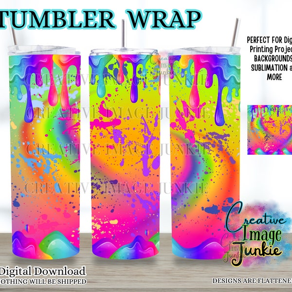 Dripping Rainbow tumbler wrap, Rainbow Paint tumbler wrap, Digital Download, 20oz bright Sublimation Wrap, Neon Rainbow tumbler wrap,