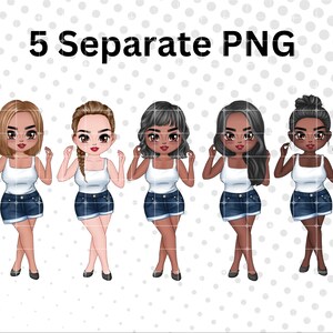 Clipart-poppen | 5 afzonderlijke PNG-BESTANDEN | Verschillende huidskleur | Sublimatie | Waterglijbaan afbeelding