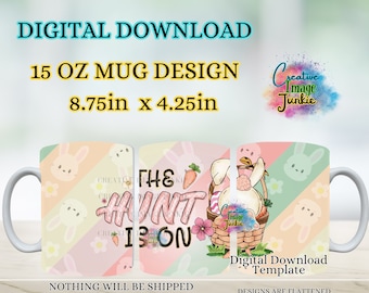 The Hunt Is On Easter Mug Wrap PNG | Bunny Mug Sublimation Design | Pastel Easter Basket 15oz Mug Wrap Digital Download
