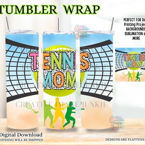 Tennis Mom Tumbler Wrap PNG – 20oz skinny sublimatieontwerp | Digitale download voor sportmoedercadeau | Felle neon-tennisbaan, png