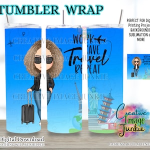 Presente de viagem para meninas, envoltório de copo de sublimação de 20 onças, download digital instantâneo, presente de comissário de bordo, boneca de moda png, aeromoça de companhia aérea