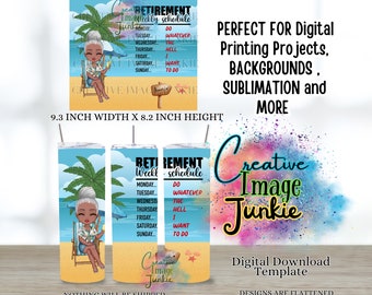 Funny Retirement Tumbler Wrap PNG | Sassy Beach Chair Black Woman Design | 20oz Skinny Sublimation Download | Retired pngs