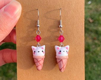 Ice Cream Cat Earrings, cute handmade polymer clay earrings mini food dangle icecream aesthetic kawaii pink adorable miniature