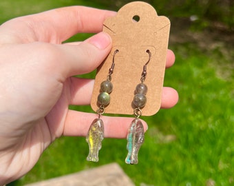 labradorite czech glass fish dangle earrings