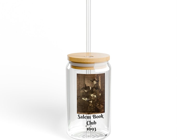 Featured listing image: Salem Book Club Sipper Glass, 16oz | Eco-Friendly Drinkware, Gift for Readers, Unique Party Favors, Literary Tea or Coffee Mug, Book [...]