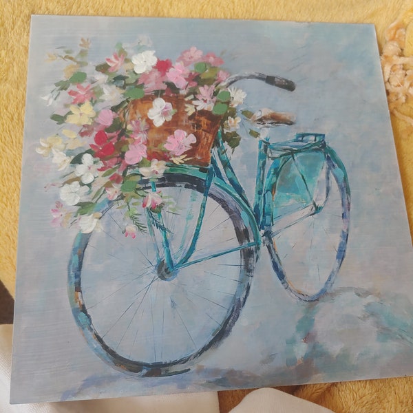 Fahrrad mit Wildblumen Malerei Kunstwerk Handgemalte Blumen Garten Geschenk Wand Home Decor