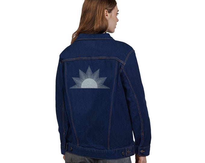 Featured listing image: Embroidered Sun Denim Jacket, Unisex Fit, Southwest, Vintage Style Outerwear Coat, Western Jean Jacket