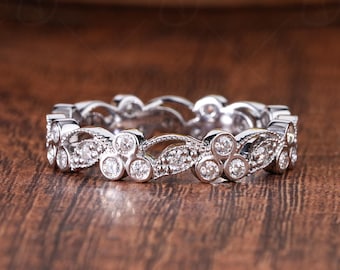 Art Deco Floral Vine Moissanite Wedding Band, Round Cut Milgrain Vintage Band, Nature Inspired Full Eternity Band