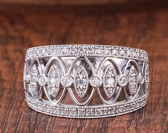 Vintage Art Deco Moissanite Wedding Band, Filigree White Gold