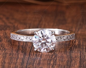 Vintage Style Moissanite Engraved Round Cut Solitaire Engagement Ring, Promise Ring For Her