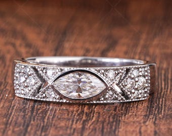Vintage Style Marquise Moissanite Wedding Band, Milgrain Art Deco Anniversary Ring, Filigree Statement Band