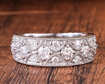 Vintage Art Deco Moissanite Wedding Band, Milgrain Anniversary Ring