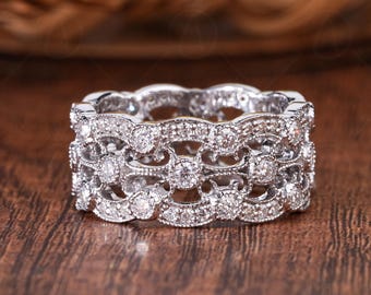 Vintage Style Moissanite Full Eternity Wedding Band, Art Deco Inspired Wide Milgrain Band, 3 Row Filigree Round Band