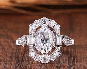 Vintage Inspired Moissanite Oval Cut Halo Milgrain Engagement Ring