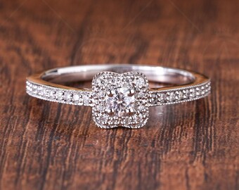 Vintage Inspired Moissanite Round Cut Halo Engagement Ring, Art Deco Heirloom Milgrain Promise Ring