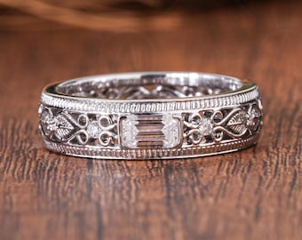 Bezel Set Emerald Cut Moissanite Band, Vintage Filigree Wedding Ring, Art Deco Milgrain Stackable Band