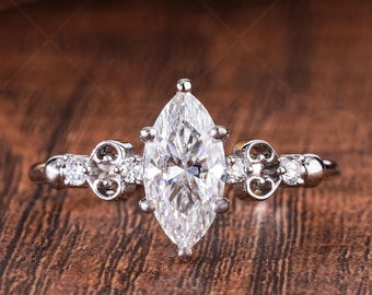 Vintage Marquise Cut Moissanite Engagement Ring, Five Stones Unique Art Deco Minimalist Ring