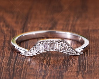 Moissanite Curved Wedding Band, Vintage Round Baguette Ring