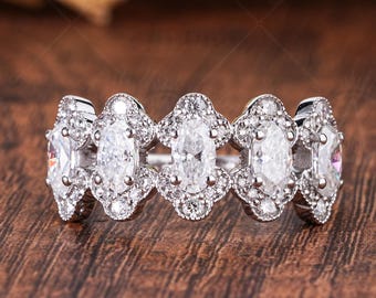 5 Stone Moissanite Oval Cut Halo Style Split Shank Milgrain Anniversary Band