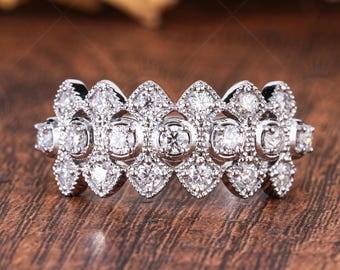 Art Deco Moissanite Wedding Band, Scalloped Milgrain, Anniversary Gift