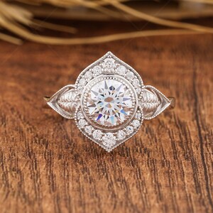 Nature Inspired Flower Engagement Ring, Art Deco Leaf Moissanite Ring, Filigree Ring For Women, Unique Floral Anniversary Rings