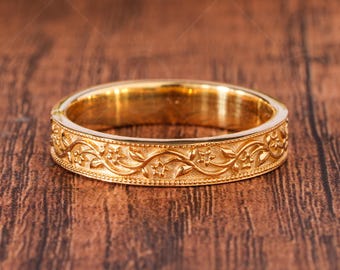 Vintage Floral Engraved Wedding Band, Nature Inspired Leaf Vine Ring, Minimalist Gold Ring For Women