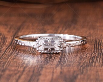 Baguette Cut Moissanite Solitaire Engagement Ring, Unique Engrave Minimalist Ring