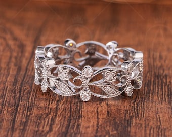 Vintage Floral Full Eternity Band Ring, Moissanite Wedding Band, Filigree Ring, Art Deco Band