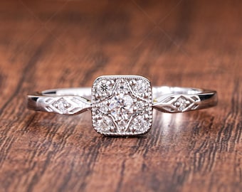 Vintage Moissanite Engagement Ring, Square Halo Cluster Ring, Art Deco Filigree Ring, Milgrain Antique Style Promise Ring