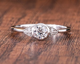 Milgrain Round Cut Moissanite Solitaire Engagement Ring, Five Stone Art Deco Promise Ring