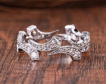 Vintage Moissanite Band, Curved Wedding Band, Art Deco Filigree Ring, Milgrain Stackable Ring, Unique Contour Wedding Ring