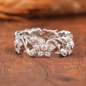 Engraved Floral Wedding Band Women, Leaf And Vine Nature Inspired Ring, Twig Branch Anniversary Rings, Unique Art Deco Promise Ring