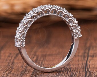 Art Deco Moissanite Wedding Band, Milgrain Half Eternity Vintage Style Matching Band