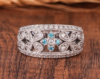 Vintage Aquamarine CZ Ring, Floral Moissanite Band, Wide Wedding Ring, Antique Style Band, Dome Statement Band