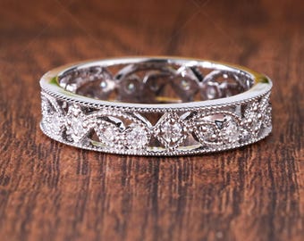 Nature Inspired Moissanite 14K White Gold Wedding Band, Vintage Style Filigree Anniversary Band