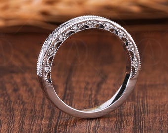 Three-Sided Moissanite Channel Set Milgrain Half Eternity Wedding Band, Vintage Inspired Stacking Ring
