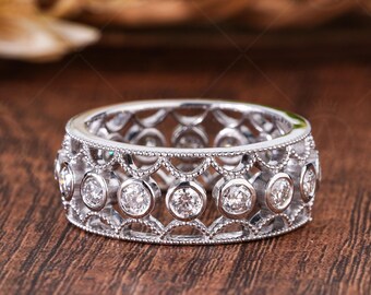 Filigree Moissanite Wedding Band, Vintage Style Eternity Ring