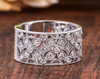 Flower Shape Art Deco Moissanite Wide Wedding Band, Filigree Thick Round Cut Anniversary Ring