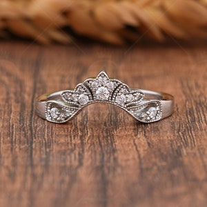 Vintage Curved Wedding Bands Women, Art Deco Moissanite Nesting Band, Contoured Stackable Rings, U Shaped Matching Band, Bridal Ring