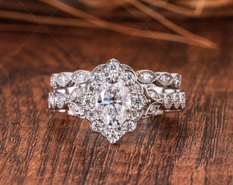 18K White Gold Vintage Oval Cut Halo Moissanite Bridal Ring Set, Art Deco Engagement Ring With Matching Band, Milgrain Stackable Band