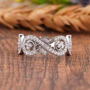 Infinity Style Art Deco Anniversary Rings, Unique Moissanite Wide Bands For Women, Vintage Milgrain Wedding Band, Statement Jewelry