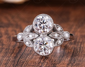 Edwardian Style Toi Et Moi Moissanite Engagement Ring, Art Deco Round Cut Milgrain Ring