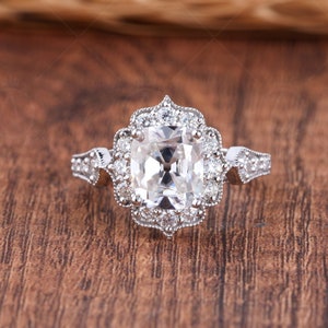 Antique Old European Cut Cushion Cut Engagement Ring, Vintage OEC Moissanite Flower Ring, Old Mine Cut Art Deco Milgrain Rings For Women