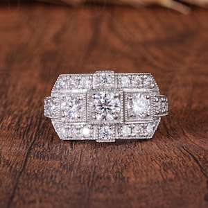 Edwardian Style Moissanite Engagement Ring, Antique Vintage Milgrain Ring For Women, 3 Stone Moissanite Art Deco Ring