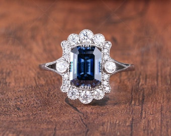 Blue Emerald Cut Moissanite Halo Engagement Ring, Electric Blue Moissanite Ring, Art Deco Anniversary Rings For Women, Vintage Milgrain Ring