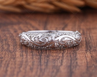 Moissanite Dome Wedding Band Women, Art Deco Vintage Anniversary Rings, Half Eternity Carved Style Band, Unique Filigree Ring For Bridal